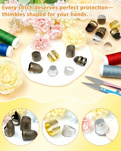Various thimbles with colorful threads and flowers.