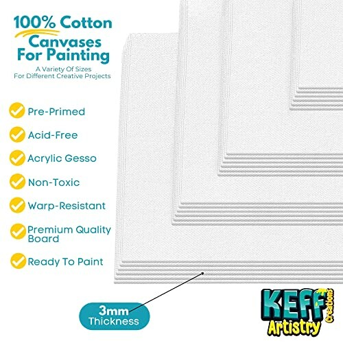 Stack of 100% cotton canvases for painting with features listed: pre-primed, acid-free, acrylic gesso, non-toxic, warp-resistant, premium quality, ready to paint, 3mm thickness.