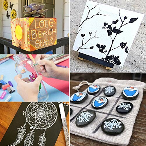 Collage of various crafts including painted box, flower bottle art, silhouette painting, dreamcatcher drawing, and tic-tac-toe stones.