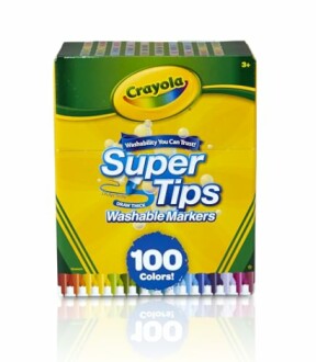 Crayola Super Tips washable markers box with 100 colors.