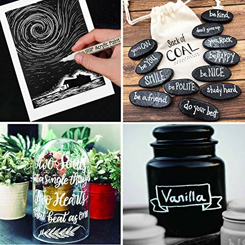 Collage of creative art projects including hand drawing and inspirational stones