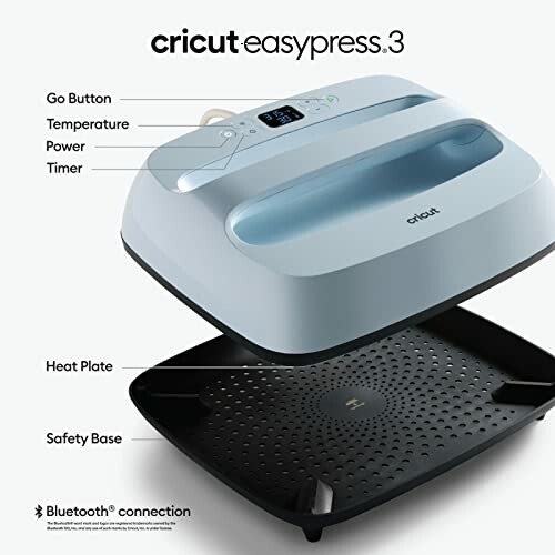 Cricut Easypress 3 with labeled features and Bluetooth connection