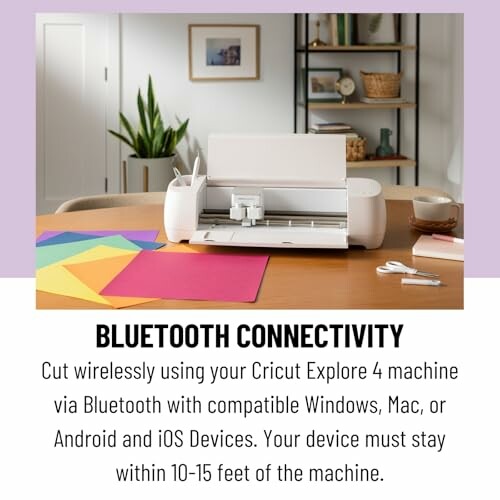Cricut Explore machine with colorful paper and Bluetooth connectivity info.