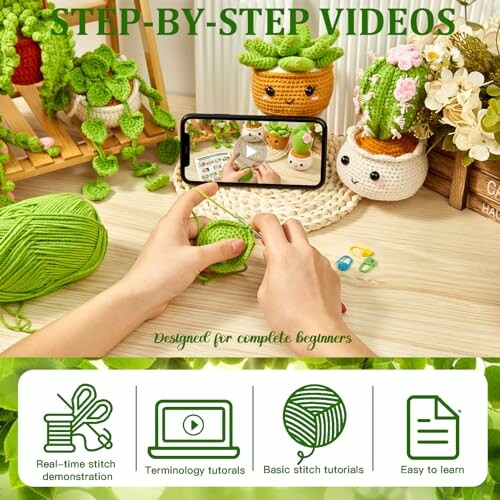 Person crocheting with step-by-step video tutorial on phone, surrounded by crochet items.