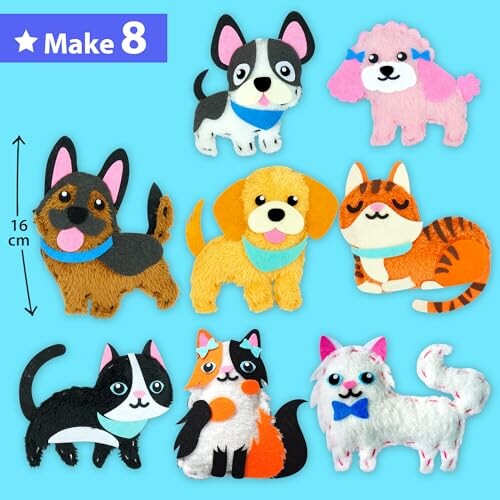 Colorful felt crafts of dogs and cats on a blue background.