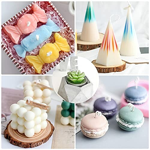 Various decorative candles including candy shapes, geometric designs, and macarons.