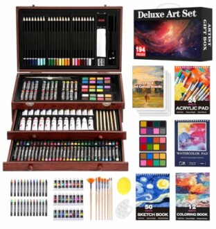 Deluxe art set with 194 pieces including paints, pencils, brushes, and sketch pads.