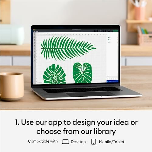 Laptop displaying leaf designs on a design app screen.