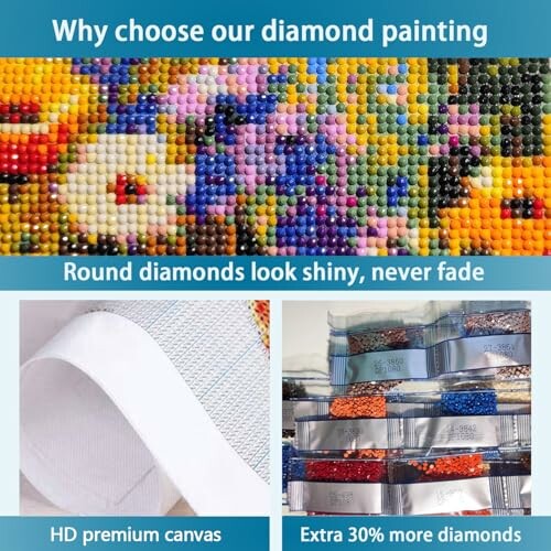 Benefits of diamond painting: shiny round diamonds, HD canvas, extra diamonds.
