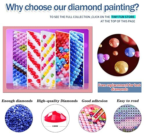 Benefits of diamond painting, including enough diamonds, high-quality diamonds, good adhesion, and easy to read.