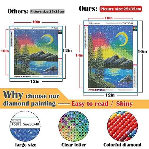 Comparison of two diamond paintings highlighting size, clarity, and color features.