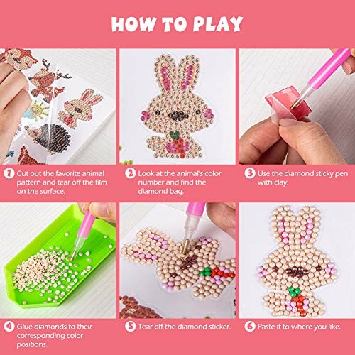 Step-by-step diamond painting instructions featuring animal designs.