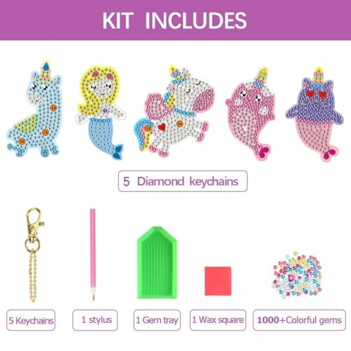 Diamond painting keychain kit with unicorns, mermaid, narwhal, owl, and accessories.