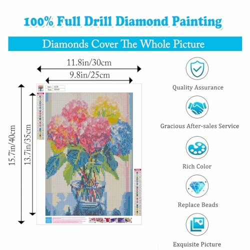 Diamond painting kit with floral design and features list.