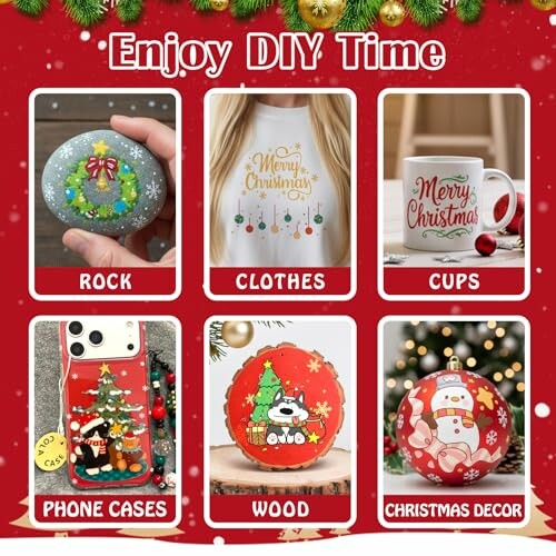 DIY Christmas crafts including painted rock, festive clothes, holiday cups, decorative phone cases, wooden ornaments, and Christmas decor.