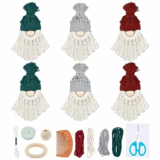 DIY Christmas gnome kit with yarn, hats, and accessories.