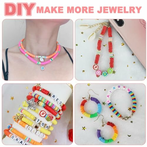 Colorful DIY jewelry including necklaces, bracelets, and earrings.