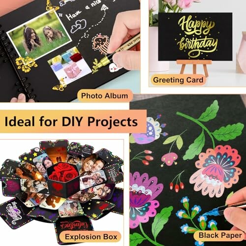 DIY projects with photo album, greeting card, explosion box, and black paper designs.