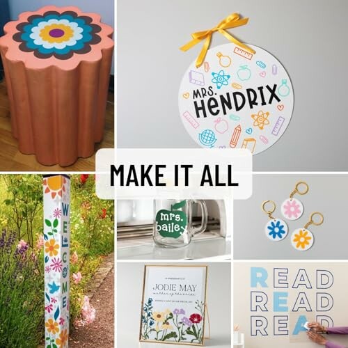 Collage of DIY crafts including a flower stool, personalized sign, garden pole, custom mug, floral print, and keychains.