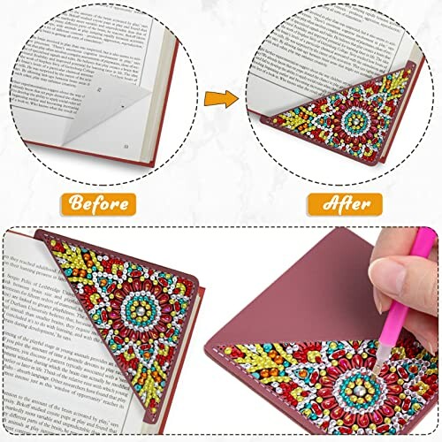 DIY diamond painting bookmarks with before and after comparison.