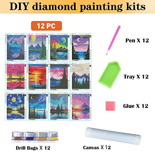 12-piece DIY diamond painting kits with colorful landscapes, tools, and accessories.