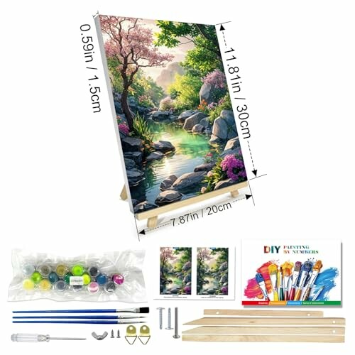 DIY painting kit with canvas, paints, brushes, and assembly parts.