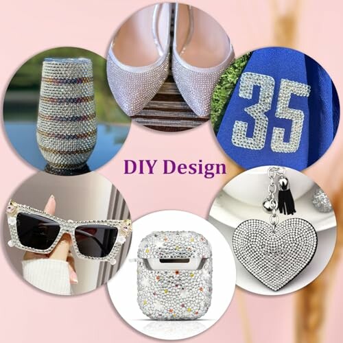 Collage of DIY rhinestone designs on shoes, clothing, accessories, and decoration items.