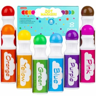 Set of colorful dot markers in six colors with packaging.
