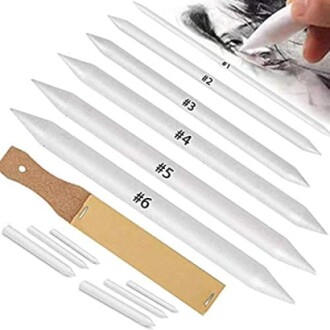 Set of blending stumps and tortillons in various sizes with sandpaper sharpener.