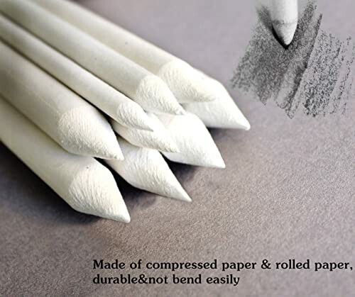 Close-up of drawing blending stumps on paper with text about durability.