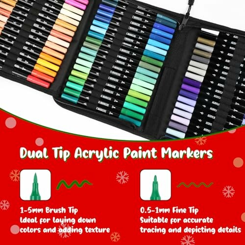 Colorful dual tip acrylic paint markers set with brush and fine tips.