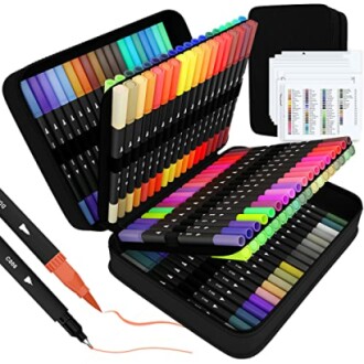 Set of dual-tip brush pens in a case with color chart.