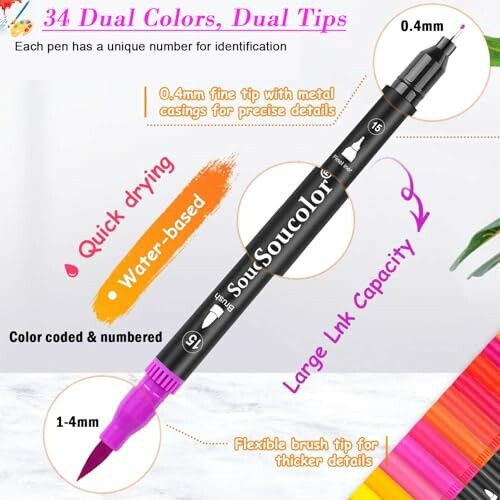 Dual-tip marker pen with fine and brush tips, water-based, quick drying.