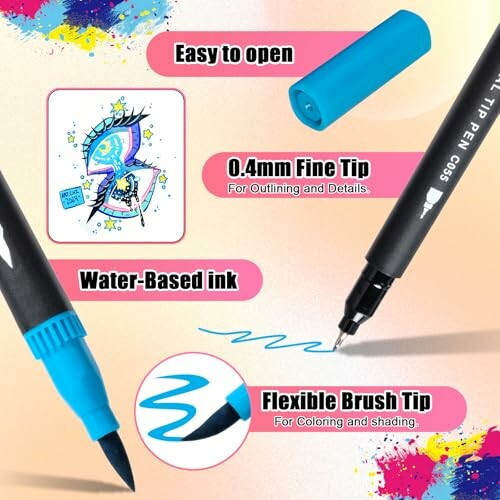 Markers with flexible brush and fine tips, water-based ink, easy to open.
