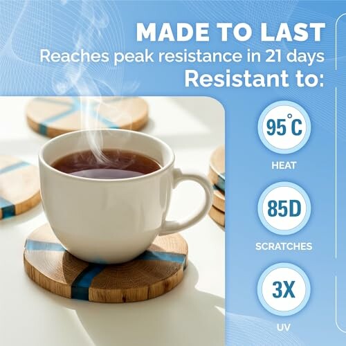 White mug with steam on a wooden coaster, text about resistance to heat, scratches, and UV.