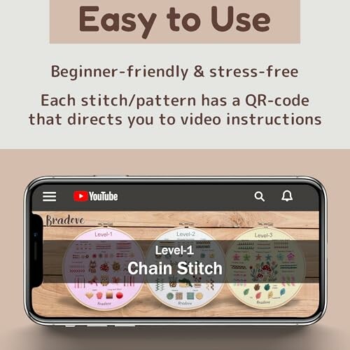 Easy to use embroidery tutorial with QR-code video instructions.