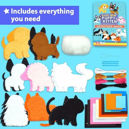 Easy sew puppy and kitten kit with materials and instructions.