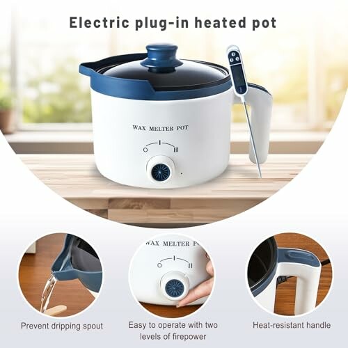Electric plug-in heated wax melter pot with temperature control and heat-resistant handle.