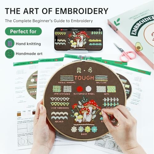 Beginner's embroidery kit with hoop, threads, and instructions.