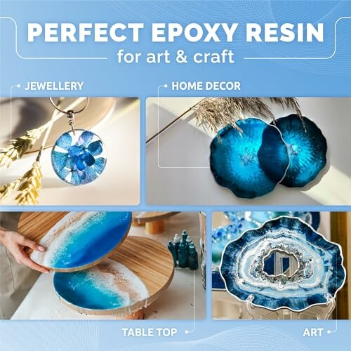 Epoxy resin art examples: jewelry, home decor, table top, and art.