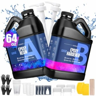 Epoxy resin kit with bottles, gloves, pumps, and tools.