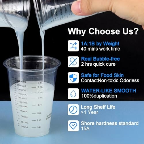 Person pouring epoxy resin into a measuring cup with features listed beside.