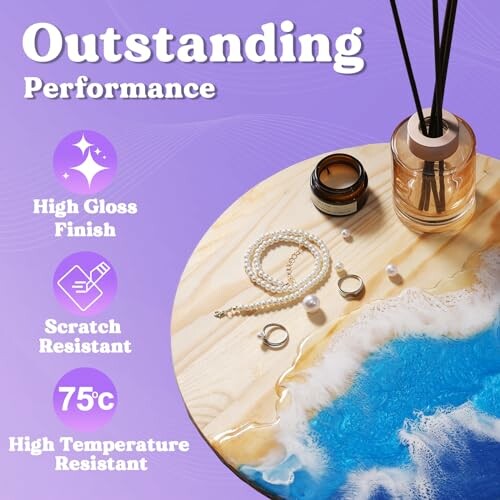 Epoxy resin table with high gloss finish, scratch resistant, and high temperature resistant.