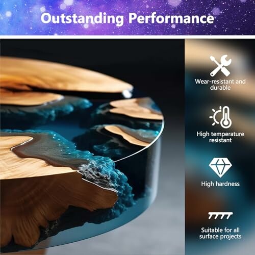 Epoxy resin wood table with durability and performance features.