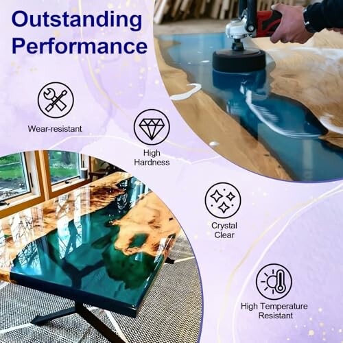 Epoxy table with outstanding performance features: wear-resistant, high hardness, crystal clear, high temperature resistant.