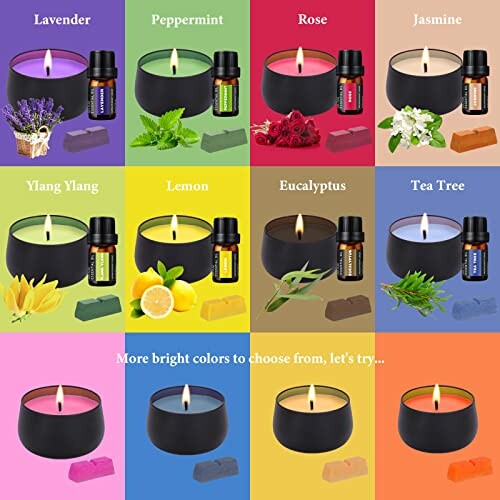 Grid of essential oil candles and bottles in various scents including lavender, peppermint, rose, jasmine, ylang ylang, lemon, eucalyptus, and tea tree.