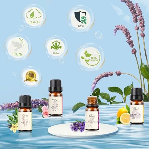 Essential oils with lavender and lemon against a blue background.