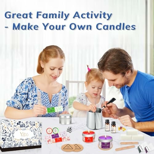 Family enjoying candle making activity with DIY kit.