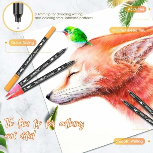 Fine tip markers with a drawing of a fox and bird, highlighting features like quick drying and smooth writing.