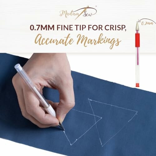 Person using 0.7mm fine tip pen for accurate markings on fabric.